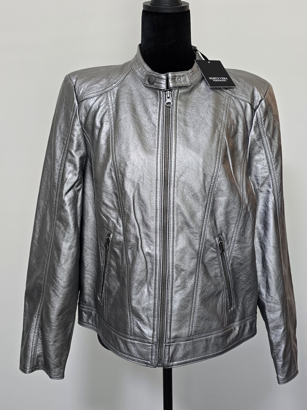 Vera Wang Metallic Silver Faux Leather Zip-Front Jacket